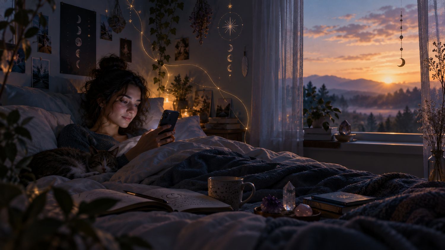 A woman in bed at dusk looking at her phone, a journal, crystals and a moon chart around her