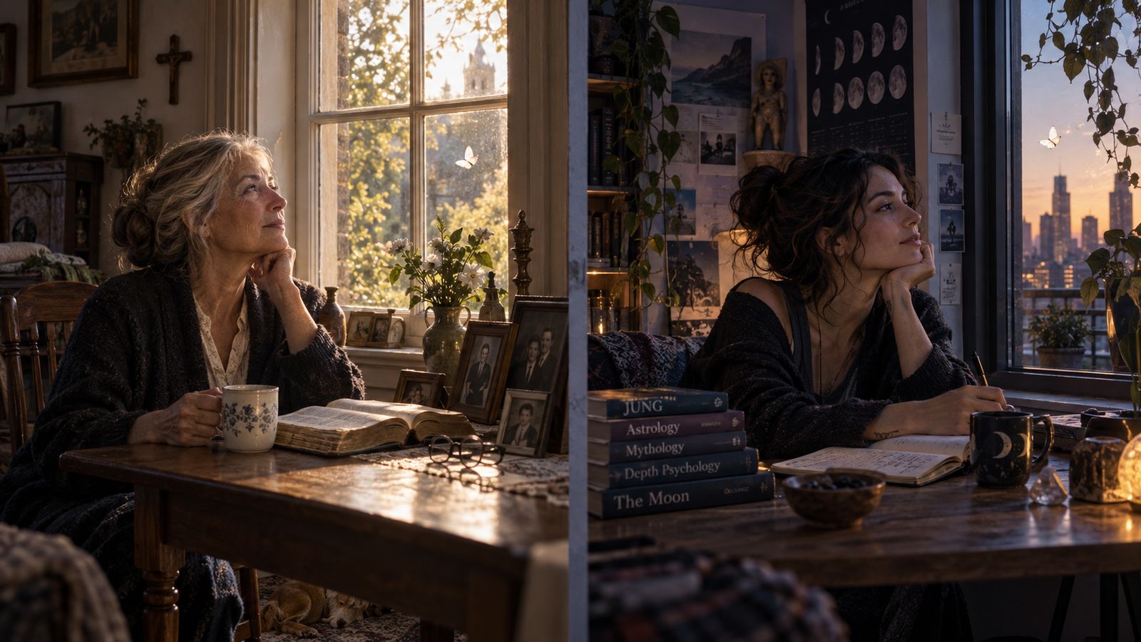 Two women in different homes, one with family photographs and a worn Bible, one with books on Jung and astrology, both looking up at a white butterfly at the window