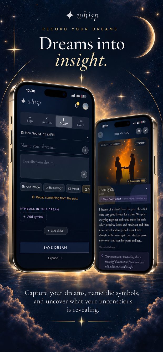 Whisp App Store listing: Dreams into insight — logging a dream and the reflection it produced