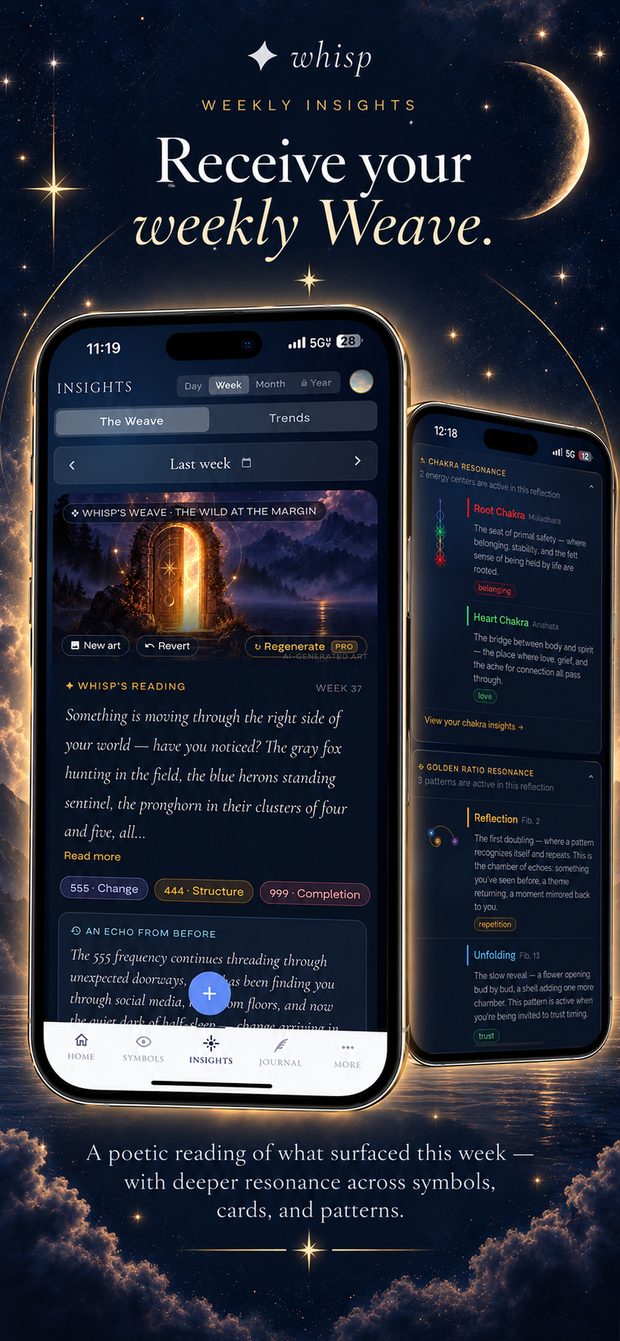 Whisp App Store listing: Receive your weekly Weave — a written reflection for the week with chakra and golden-ratio resonance